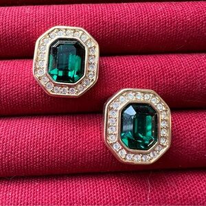 Gold-Tone Emerald Green Octagon Crystal Stud Earrings